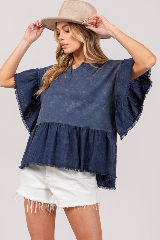 SAGE + FIG Ruffle Sleeve Washed Short Sleeve Blouse